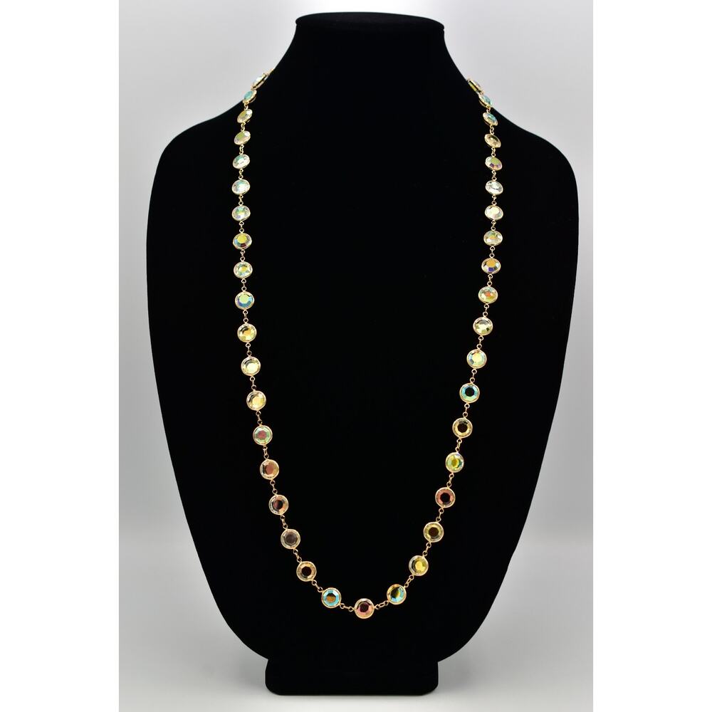 Swarovski Vintage AB Crystal Necklace Open Bezel Gold Chain Swan Signed Bin2C